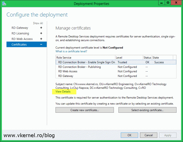 Installing and Configuring Certificates in RDS 2012