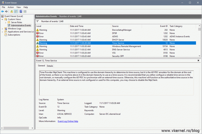 View of the Time service warning message in Event Viewer