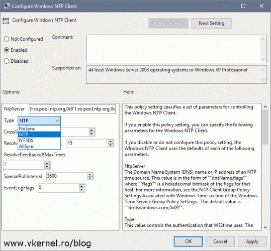 Configuring the NTP Client policy setting