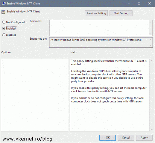 Enabling the Windows NTP Client policy setting