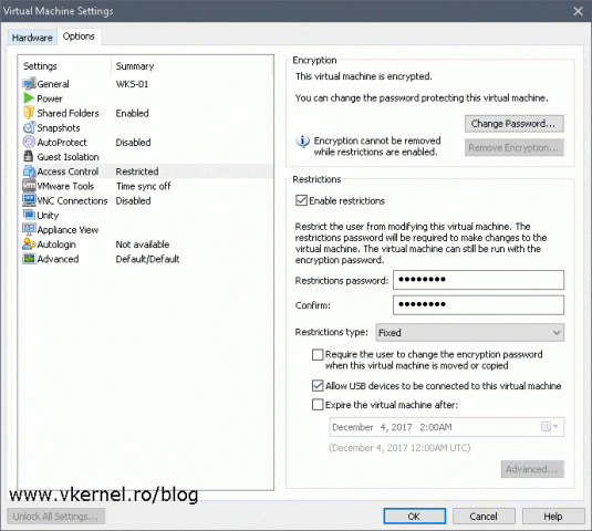 Enabling restrictions on a virtual machines