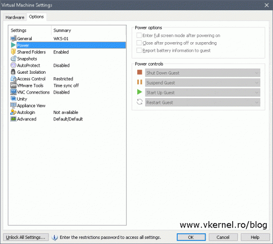 View of restricted virtual machine settings