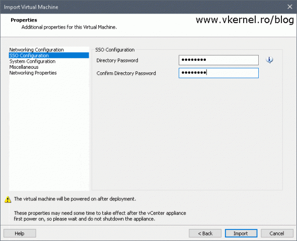 Providing the SSO password for the VCSA deployment