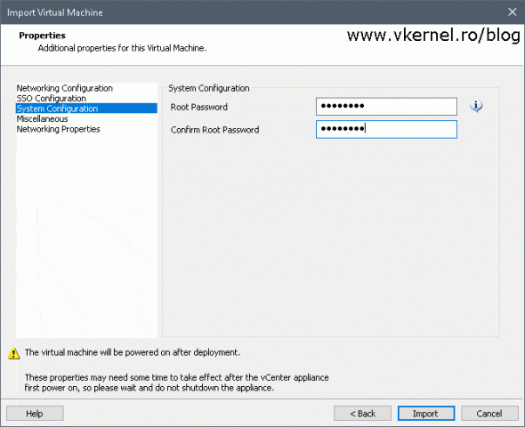 Providing the root password for the VCSA deployment