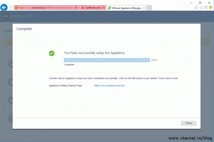View of the VCSA 6.5 appliance auto-configuration completed successfully message