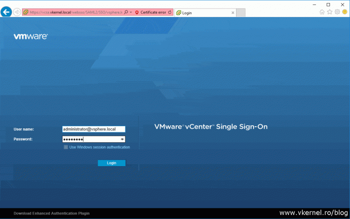 View of the vCenter Server 6.5 running in VMware Workstation 14