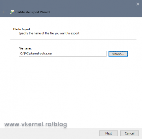 Choosing the export location for the Root CA certificate