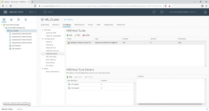 View of the new affinity rule in vCenter