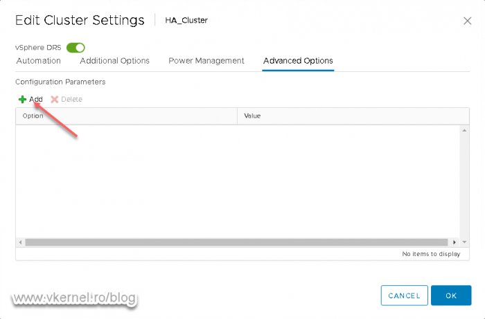 Adding a new configuration parameter to the DRS feature of the VMware cluster