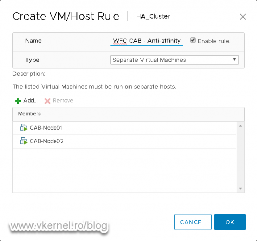 Creating the Anti-Affinity rule for the CAB Windows VMs