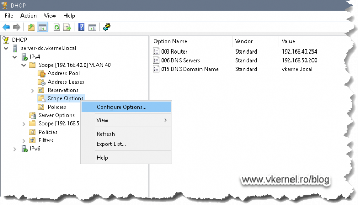 Opening DHCP Scope options