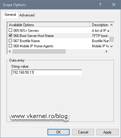 Configuring DHCP option 67 (Boot filename)
