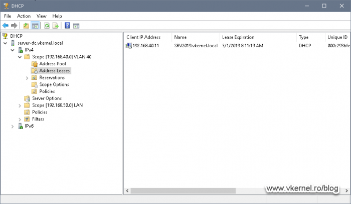 View of the client IP lease in the DHCP console