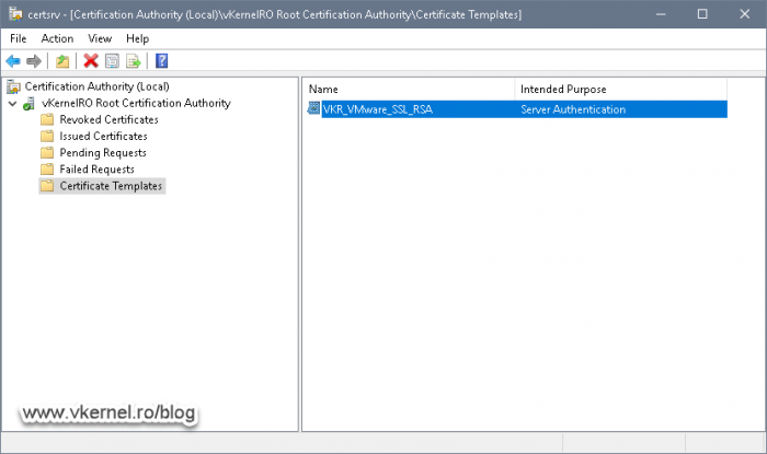 View of the new certificate template in the CA console
