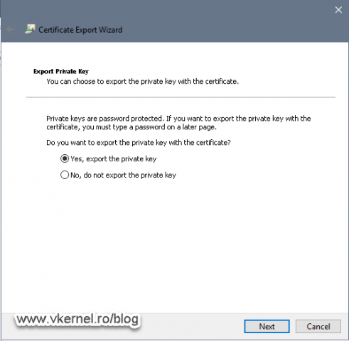 Exporting certificate with its private key using the Certificate Export Wizard