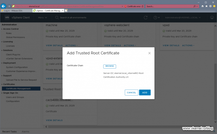 Importing Root CA certificate in the VCSA virtual appliance