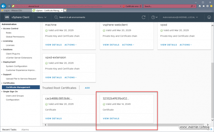 View of a successful Enterprise Root CA certificate import into the VCSA virtual appliance