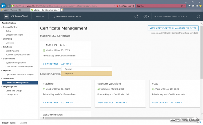 Replacement of the __MACHINE_CERT certificate using the VMware Certificate Manager GUI