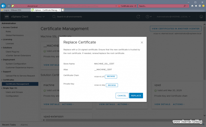 Providing the certificate and private key for the __MACHINE_CERT using the VMware Certificate Manager GUI