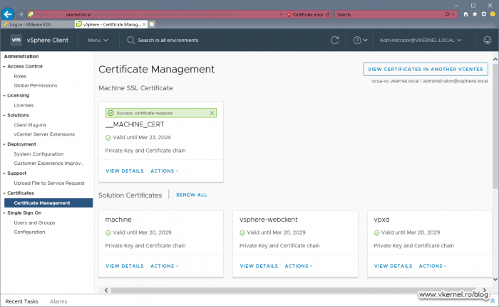 View of a successful certificate replacement for the __MACHINE_CERT certificate