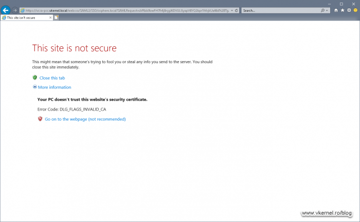 Viewing the self-signed and untrusted PSC certificate in Internet Explorer