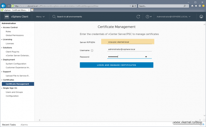 Logging int the Certificate Manager of the PSC virtual appliance