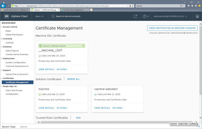 Detailed view of the __MACHINE_CERT certificate in the PSC virtual appliance after replacement