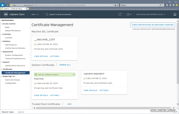 View of a successful Solution Certificate replacement in the PSC virtual appliance