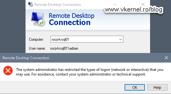 Error message went trying to connect remotely using a local user account and policy Deny access to this computer from the network is in effect