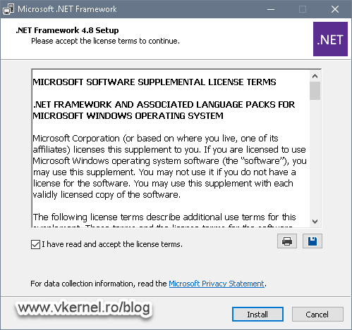 Accepting the .NET Framework EULA and starting the installation process