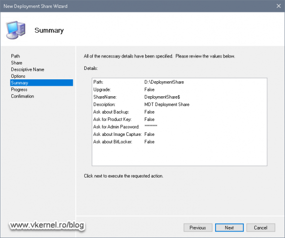 Summary of the configured options in the New Deployment Share Wizard