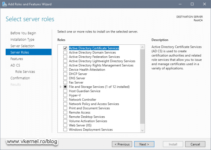 Selecting the Active Directory Certificate Services role for installation