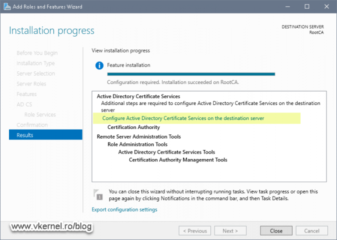 Launching the Active Directory Certificate Services configuration wizard