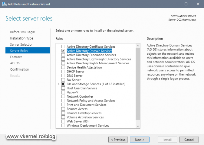 Selecting the Active Directory Domain Services role for installation