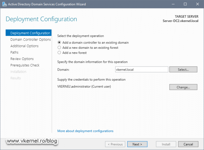 Choosing the deployment type for the new domain controller