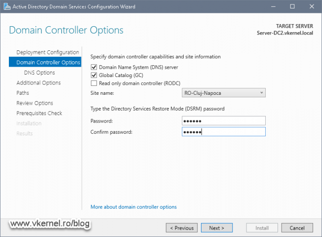 Selecting the Site name for the new domain controller and providing a DSRM password