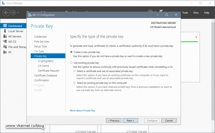 Choosing the create a new private key for the Enterprise CA