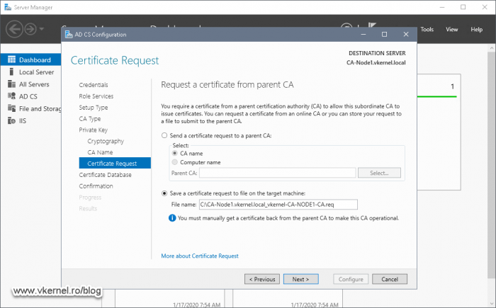 Providing the name and path for the certificate request file
