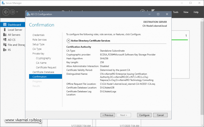 Configuration summary view for the Enterprise Certification Authority