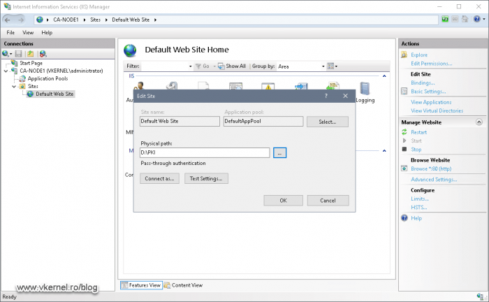 Changing the Default Web Site path location to the PKI folder on the cluster volume