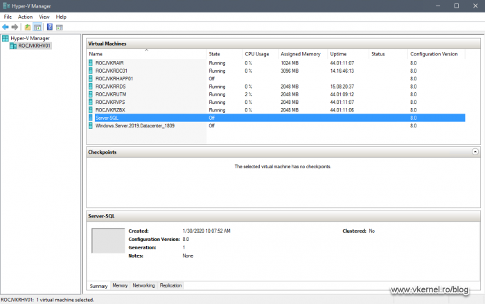View of the newly created virtual machine in Hyper-V Manager