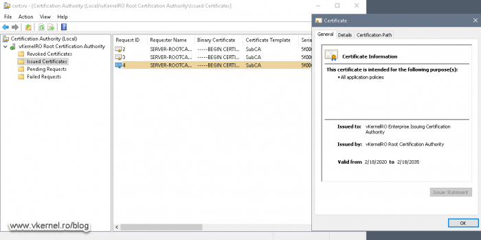 View of the issued subordinate certificate on the Root CA server