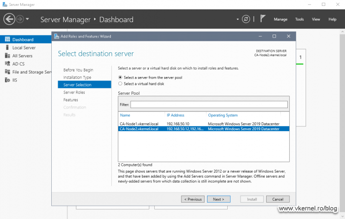 Selecting the Active Directory Certificate Services and Web Server (IIS) roles for installation on the second cluster node