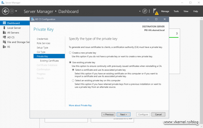 Configure the Certificate Authority on Node 2 using an existing certificate private key