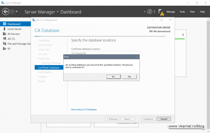 Confirming the over right of the existing CA database and log files