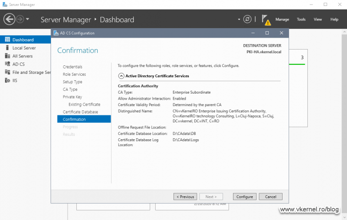 Applying the changes configured in the AD CS Configuration Wizard