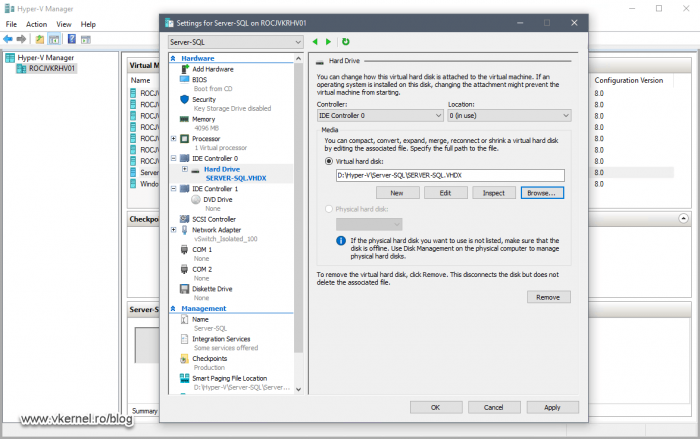 Selecting the existing VHDX file as the new virtual disk for the VM