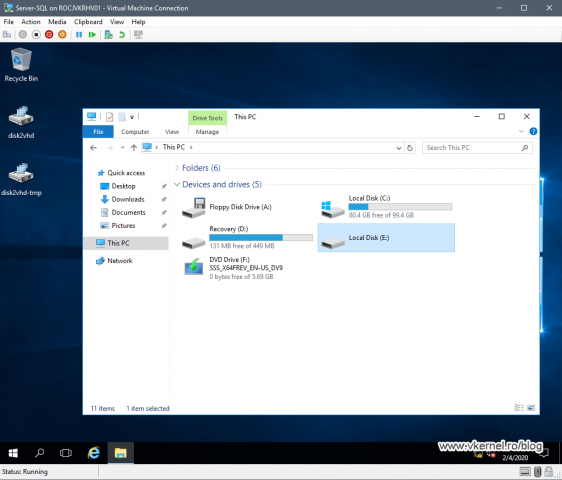 View of the recovery and boot partitions showing as drives in the new VM guest