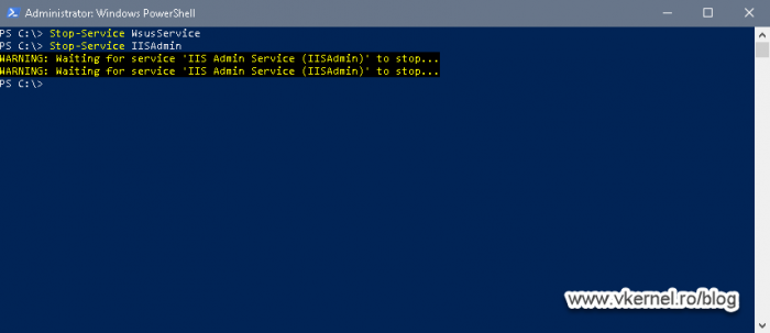 Stopping the WSUS and IIS services before detaching the database from the WID instance
