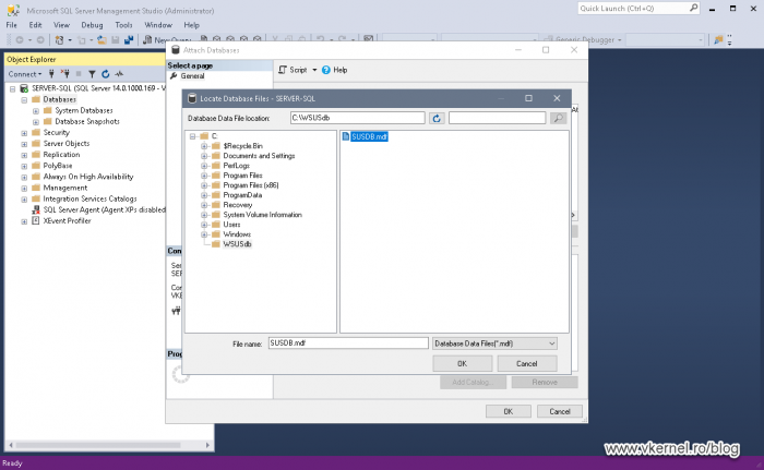 Selecting the WSUS database to be attached on the SQL server